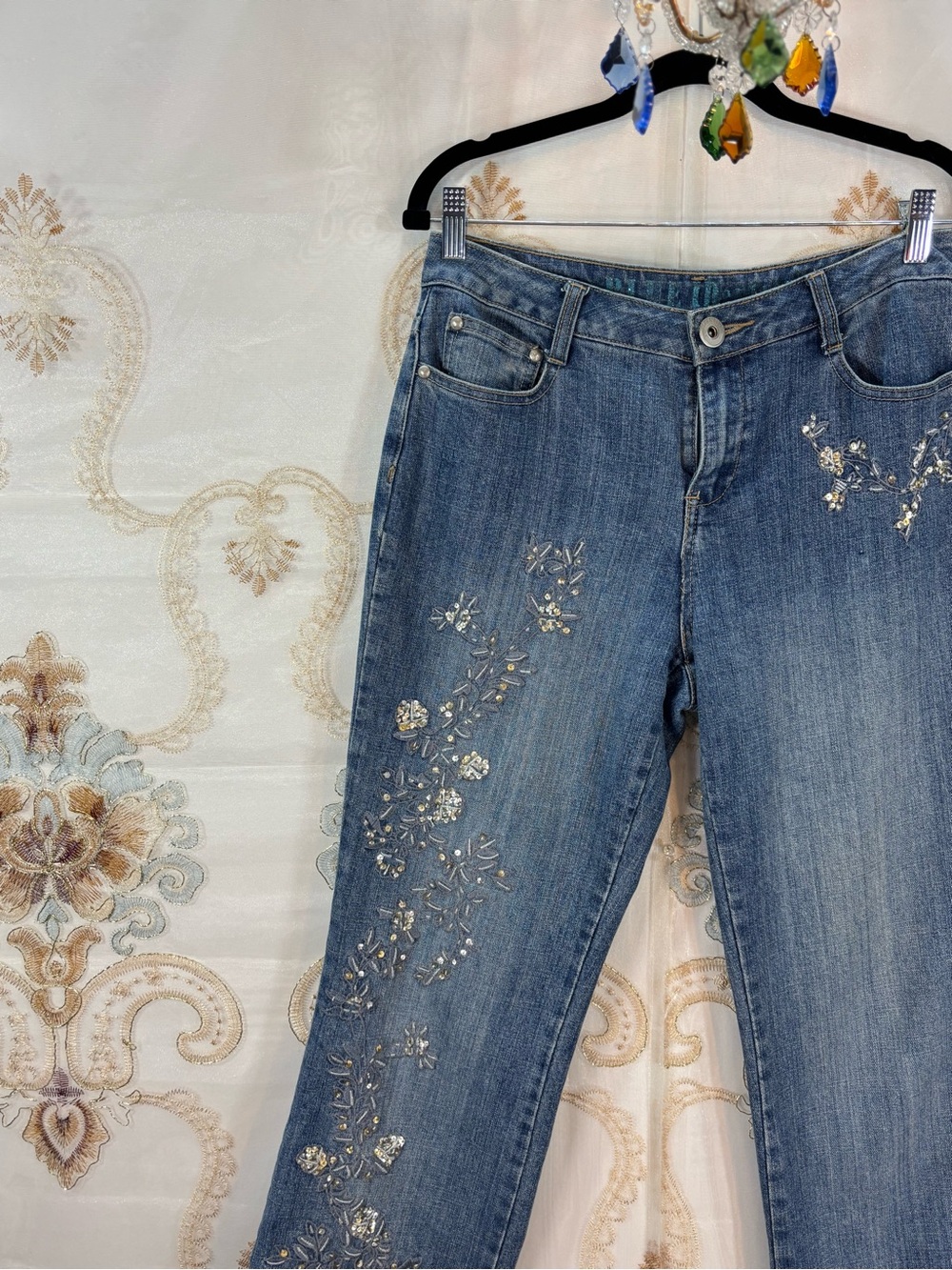 ✨Vintage Y2K Boho Beaded & Embroidered Floral Flare Fairy Jeans✨